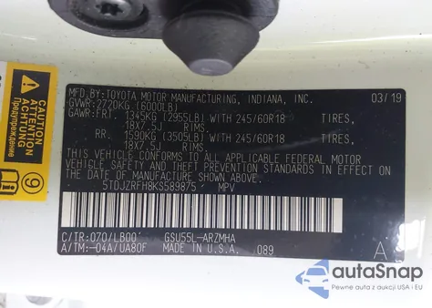 2019 Toyota Highlander Xle z USA, uszkodzony, nr VIN 5TDJZRFH8KS589875